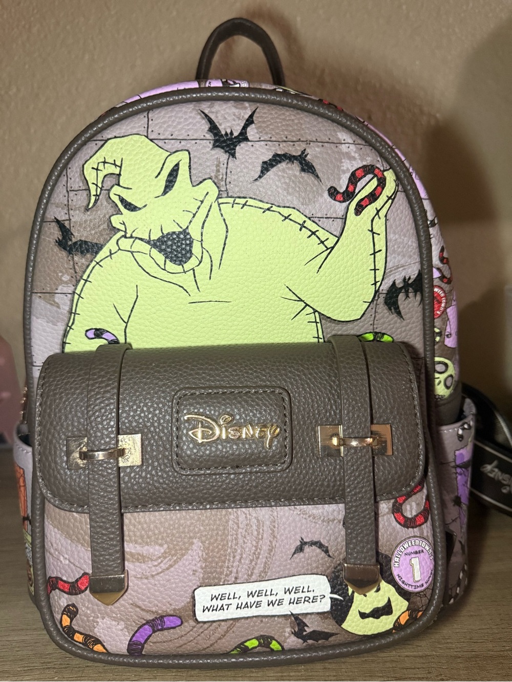Disney Mini Backpack with Neon Green Oogie Boogie and Brown Trim